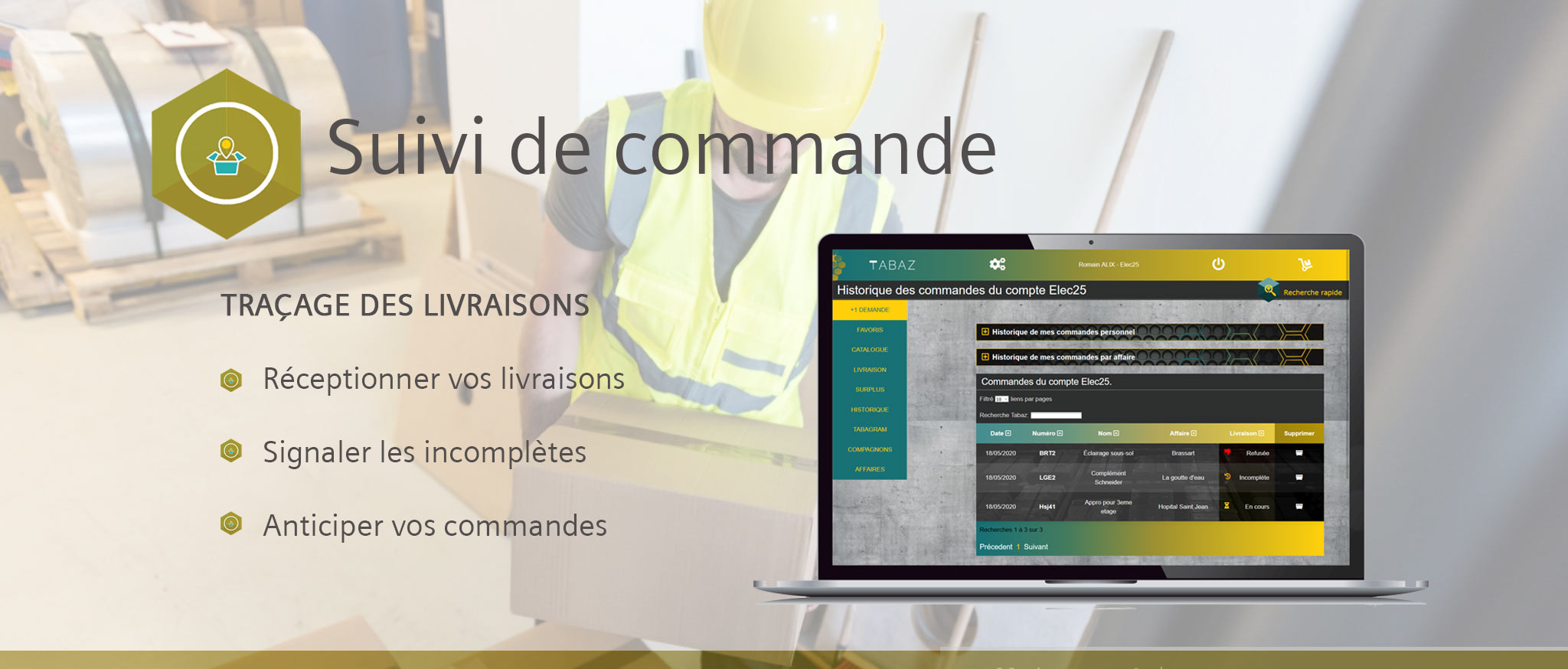 Description fonctionalité suivi de commande de l'application de gestion de chantier Tabaz