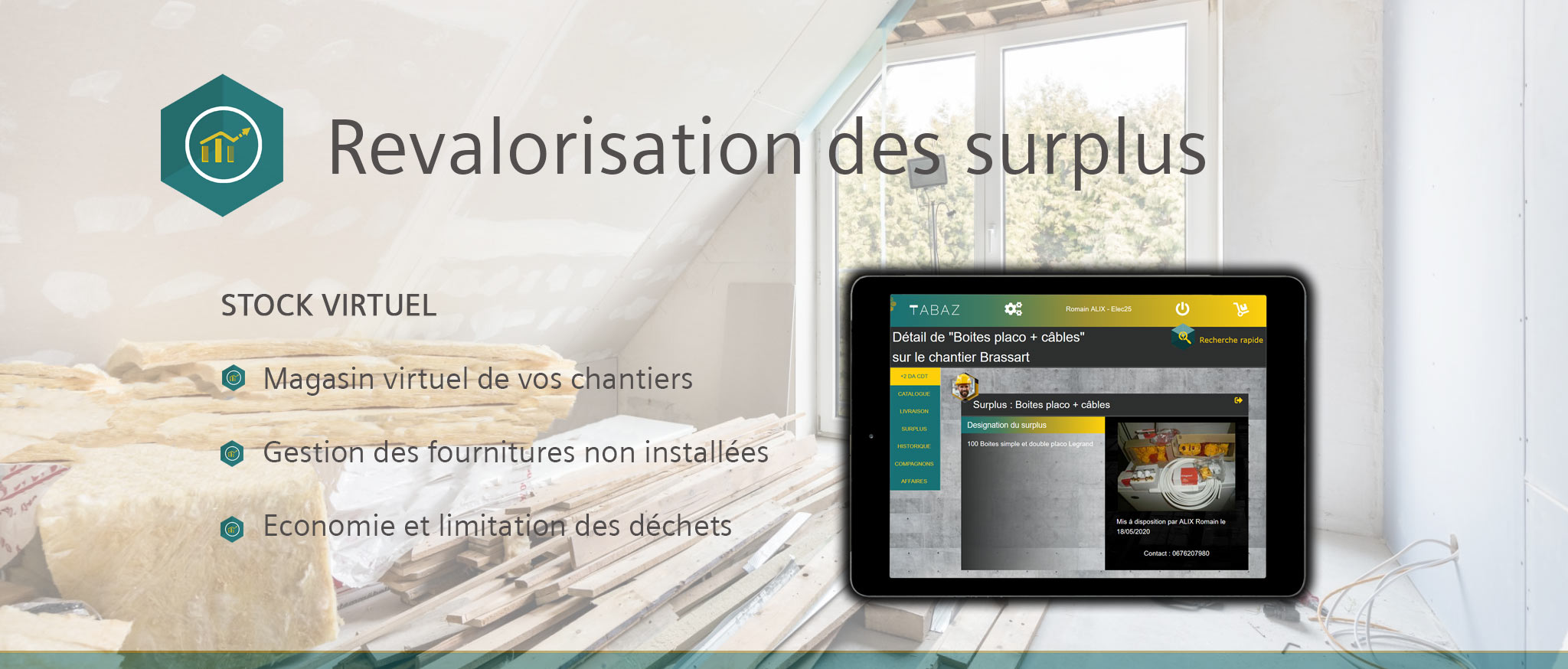 Description fonctionalité de valorisation des surplus chantier de l'application de gestion de chantier Tabaz